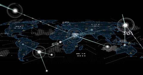 Illustrating a highly connected global network, this visual conveys the concept of international data exchange and communication. Futuristic and technological in its design, it resonates with themes of cyber security and computing processes. Useful for articles on global technology trends, telecom industry solutions, or portraying advanced, digital interactions across continents.