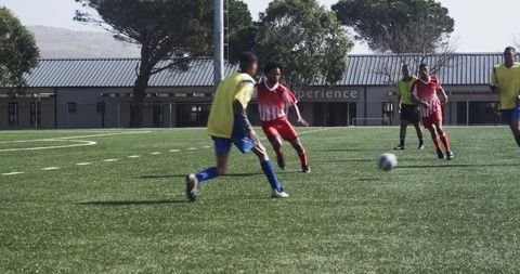 Soccer players engaged in competitive match on field
