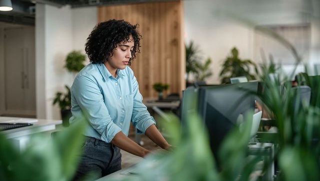 Professional woman typing at standing desk in modern plant-filled office workspace