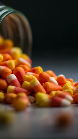 Vertical video pouring candy corn from jar, spilling colorful tri-color kernels into festive mound
