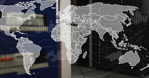 Global network overlay on datacenter racks with world map, hex grid and led indicators