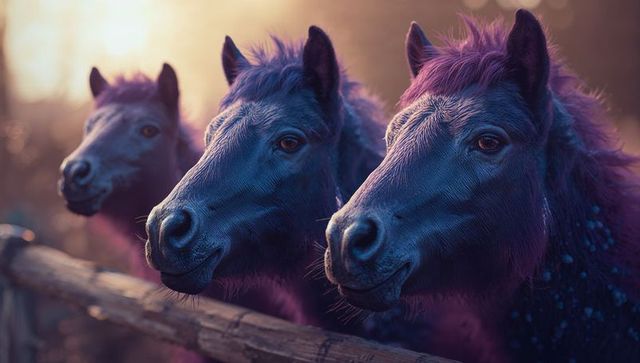 Horses peering over fence in cozy golden light