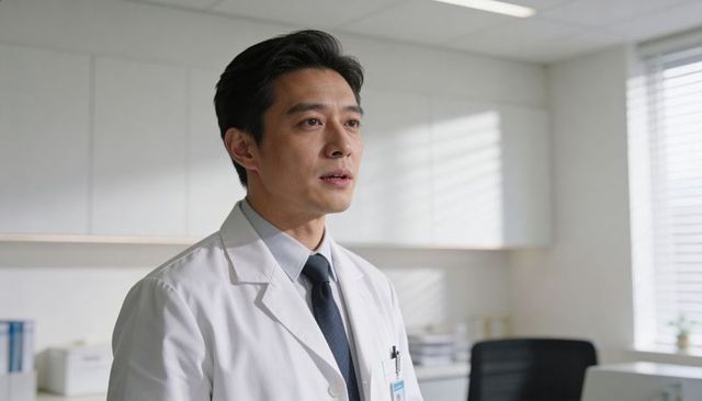 Standing asian doctor wearing white lab coat and tie holding id badge in clinic office