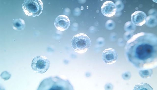 Floating blue cells with translucent membranes and visible nuclei, scientific background