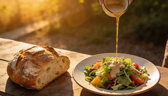 Golden sunset pouring creamy dressing over fresh garden salad with crusty artisan bread