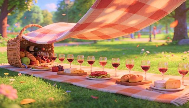 Sunlit gingham picnic with wine glasses, cheese boards and fresh bread on lawn