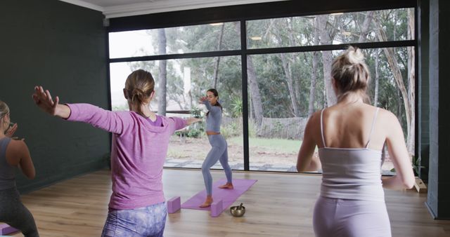 Women participate in a yoga class in a studio with large windows allowing natural light to enter. They follow the instructor while engaging in various yoga poses on their mats. Ideal for illustrating group fitness activities, indoor exercise sessions, wellness programs, or the serene atmosphere of yoga practice for promotional materials and fitness blogs.