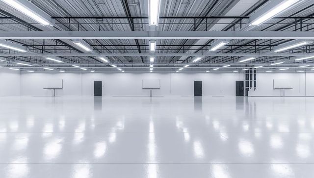 Empty Industrial Warehouse Interior Reflecting Linear Lights on Polished Minimal Floor