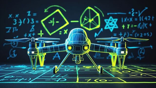 Futuristic Neon Wireframe Drone with Mathematical Formulas