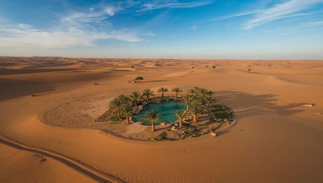 Palm-ringed turquoise oasis sitting amid vast rippled desert dunes