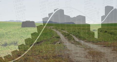 Countryside road merging with data visualization graphics