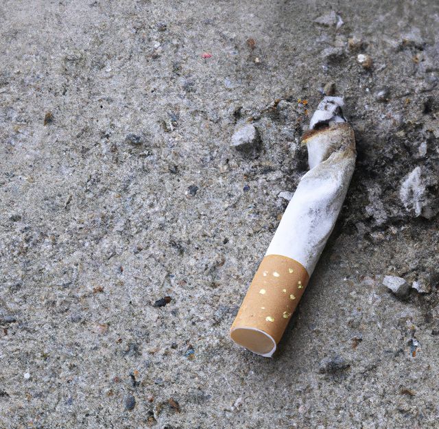 Shows a discarded cigarette butt on a concrete ground. Useful for illustrating topics related to pollution, littering, health risks of smoking, and environmental conservation. Can be used in articles, presentations, educational materials, and advocacy campaigns.
