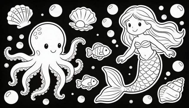 Smiling mermaid swimming with playful octopus coloring page style underwater scene