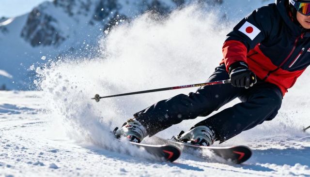 Carving alpine skier in red jacket with Japanese flag patch spraying powder and speed