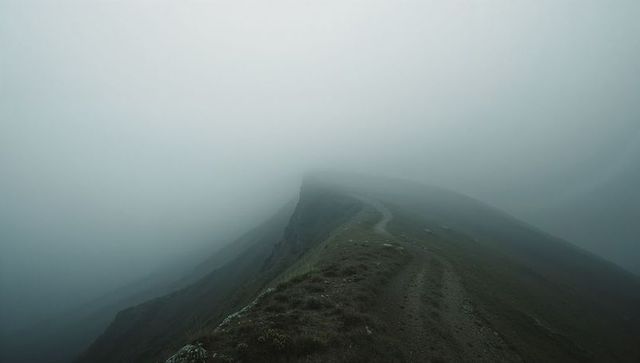 Foggy mountain ridge with winding trail and grass tufts