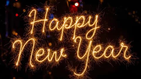 Happy New Year sparkler light writing animation with golden bokeh and festive sparks