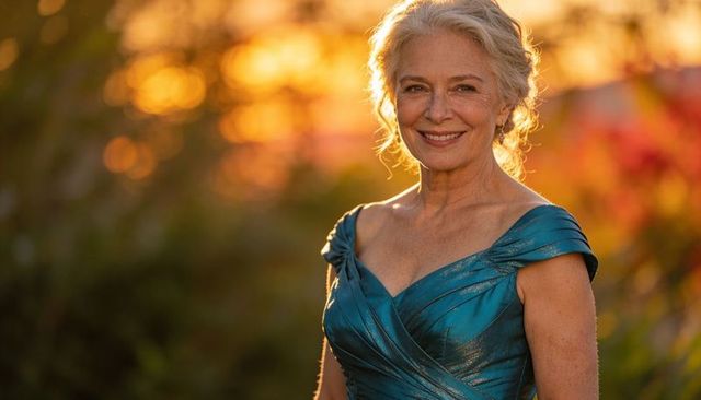 Smiling senior woman wearing teal evening gown at golden hour, elegant garden couture portrait