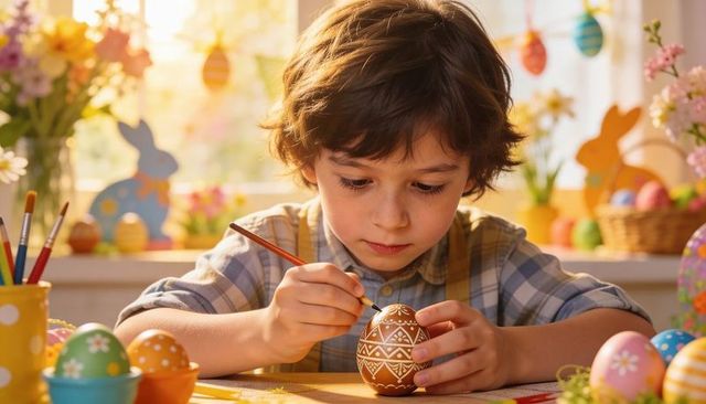 Child painting intricate easter egg at sunlit table with baskets and bunny decorations