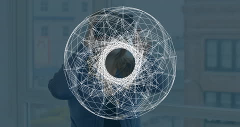 Woman Using VR Headset with Digital Interface Shapes Overlay