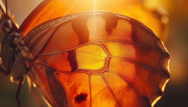 Close-up of radiant butterfly wing illuminated by warm sunset