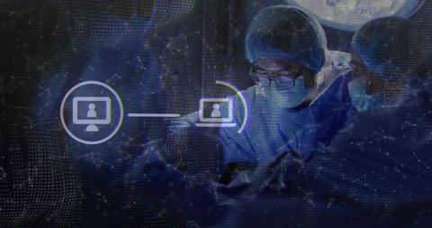 Surgeon performing ar-assisted surgery with holographic interface and team collaboration
