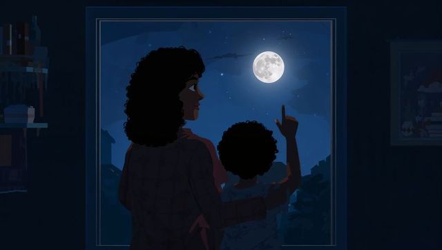 Mother embracing child, child pointing at full moon through bedroom window, nighttime bonding