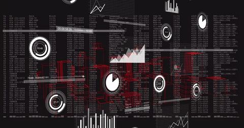 3D Red Wireframe Buildings in Futuristic Digital Dashboard