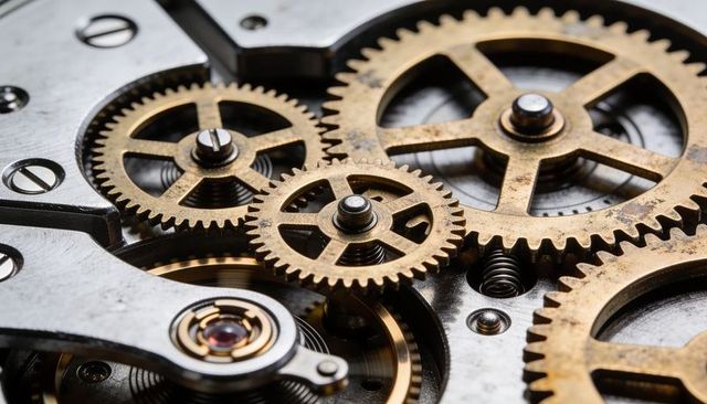 Macro closeup of antique watch geartrain showing brass cogs, pinions, jewel bearing