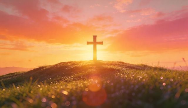 Wooden cross standing on dew-kissed hilltop at sunrise with golden silhouette, lens flare