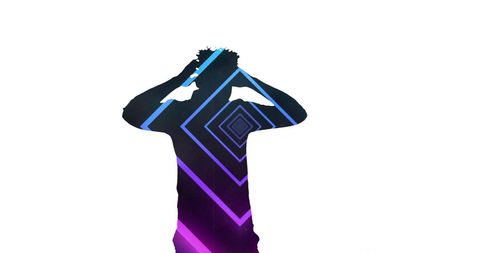 Silhouette of Man with Neon Geometric Patterns on White Background