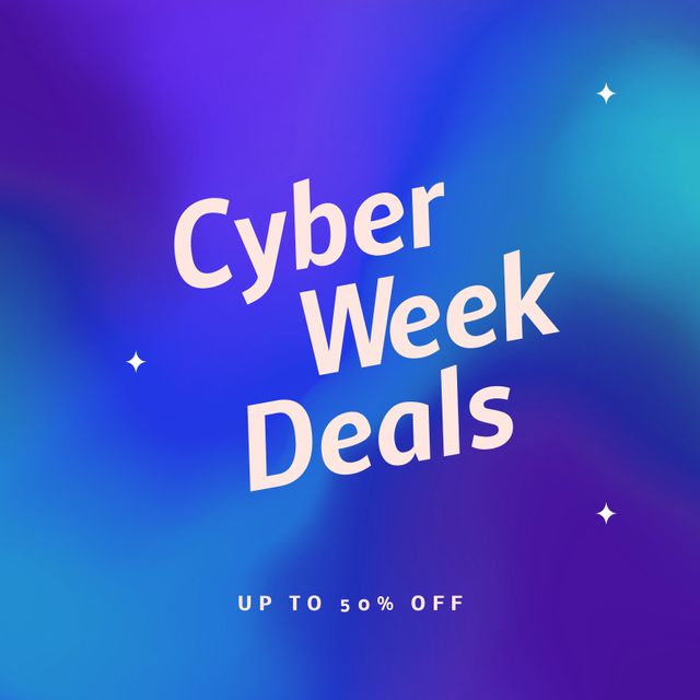 Image of cyber week deals text on purple to blue background. Cyber week sales, christmas, savings and retail concept digitally generated video.