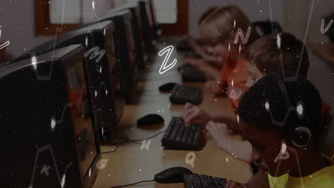 Children Typing with Molecule Animation Overlay in Classroom