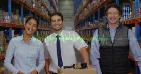 Logistics Team in Warehouse with Data Overlay Animation