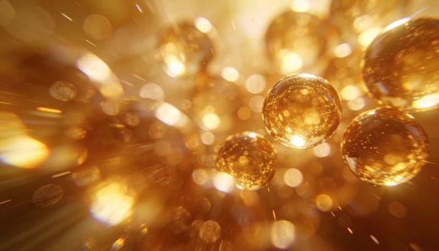Glowing golden spheres floating in radiant bokeh, macro abstract luxury orb composition