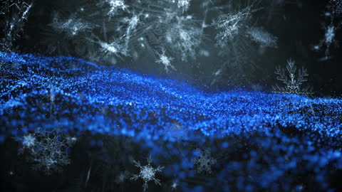 Magical Snowflakes and Blue Sparkling Wave on Dark Background
