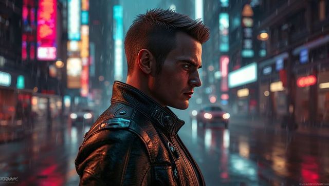 Futuristic man in leather on neon-lit city street at night