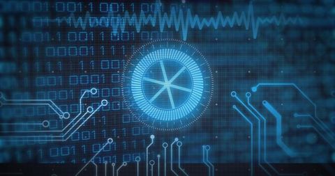 Blue Futuristic HUD with Pulsing Circular Data Radar and Binary Grid Visualization