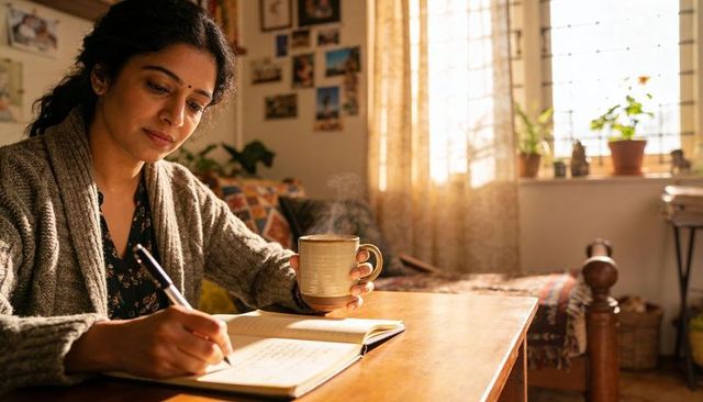 Indian woman journaling with steaming mug in cozy sunlit bedroom workspace