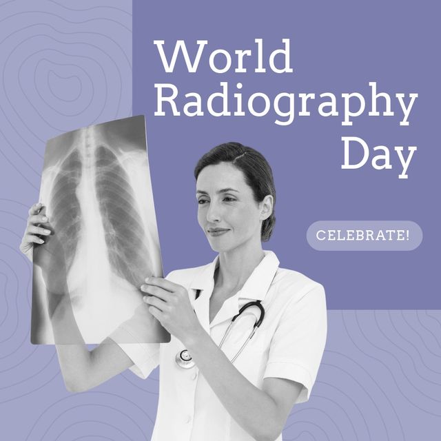 Composite of caucasian woman checking x-ray and celebrate world radiography day text, copy space. Medical, hospital, x-radiation, discovery, healthcare and awareness concept.