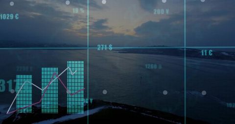Teal finance dashboard overlaying coastal sunrise bay with illuminated bar and line charts