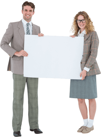 Hipster Couple Holding Blank Poster Smiling on Transparent Background