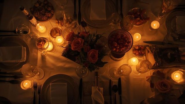 Candlelit formal dining table with rose centerpiece and glowing crystal glassware