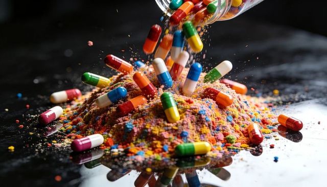 Vibrant capsules spilling over crushed multicolor granules on reflective black surface