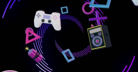 Gaming Accessories Floating in Digital Spiral