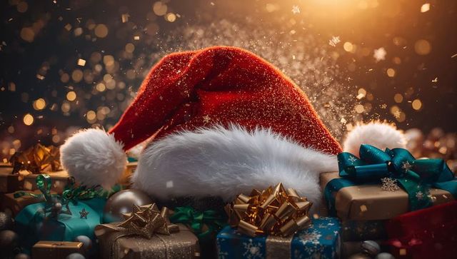 Red santa hat resting among sparkling wrapped gifts, gold bows and festive baubles