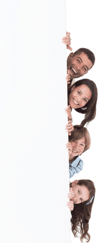 Cheerful Family Peeking Behind Transparent Blank Billboard