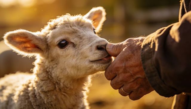 Lamb nuzzling worn farmer hand at golden hour closeup, rustic rural farm tenderness