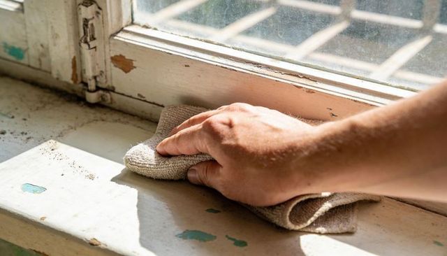 Hand cleaning sunlit peeling painted wooden windowsill with cloth, dust removal, home care