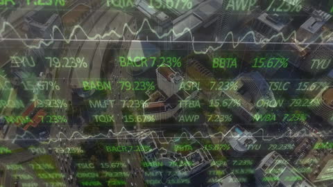 Financial Data Overlay on Cityscape Skyline