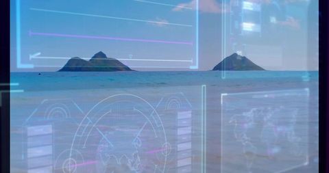 Digital HUD Interface Over Dreamy Tropical Ocean Horizon